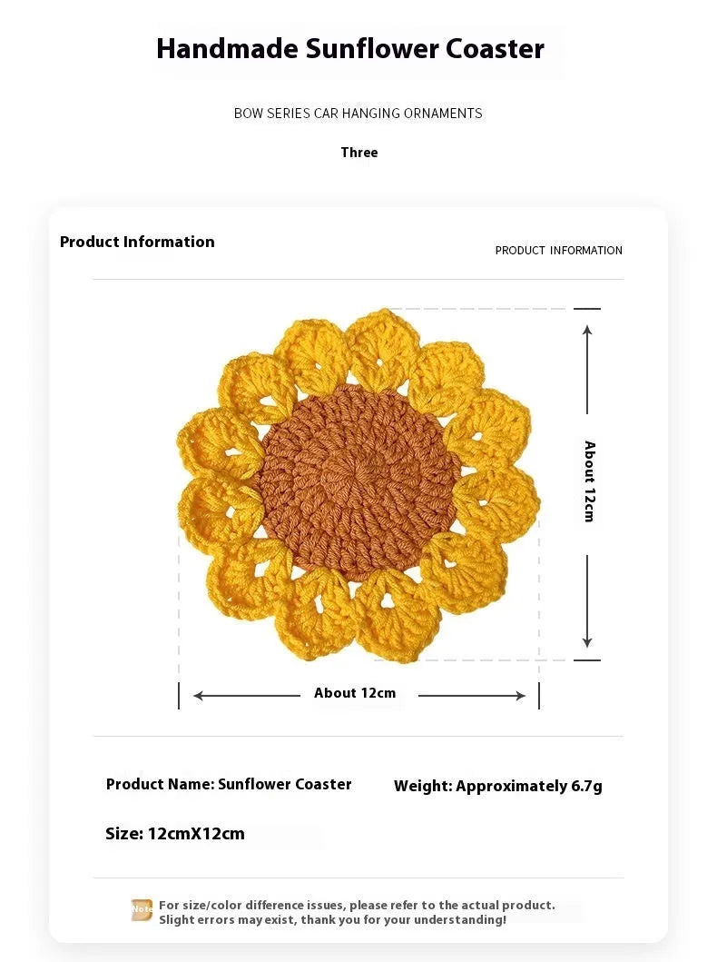 Hand-woven wool flower coaster set showing textured surface and floral pattern