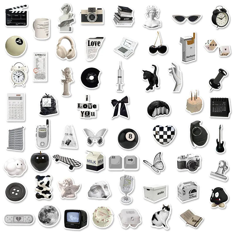 61 black and white coffee and tea themed PVC vinyl stickers for decoration.