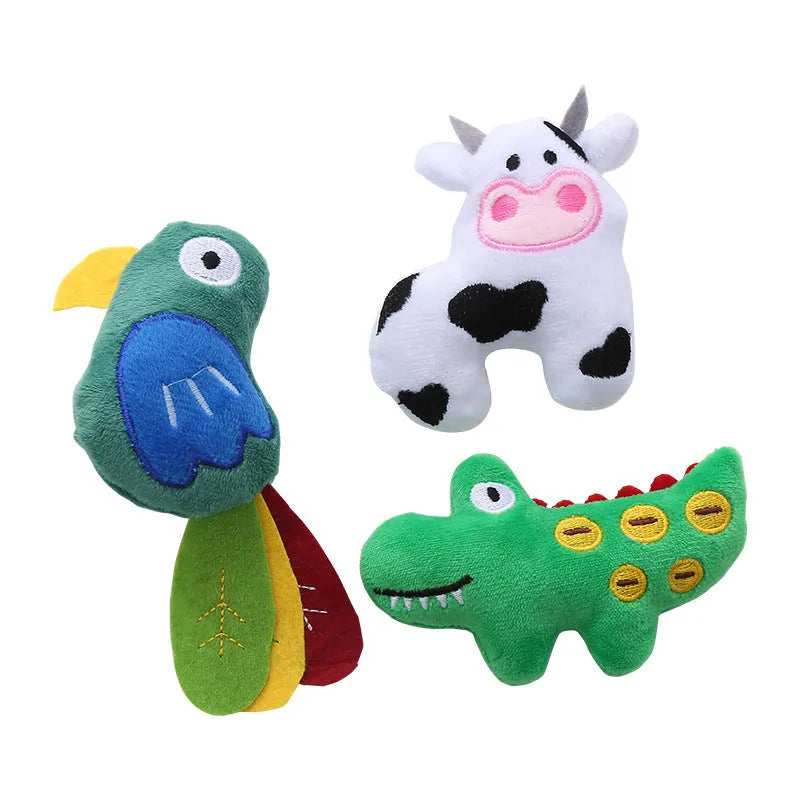 Parrot, cow, and crocodile shaped plush cat toys with catnip for interactive feline play