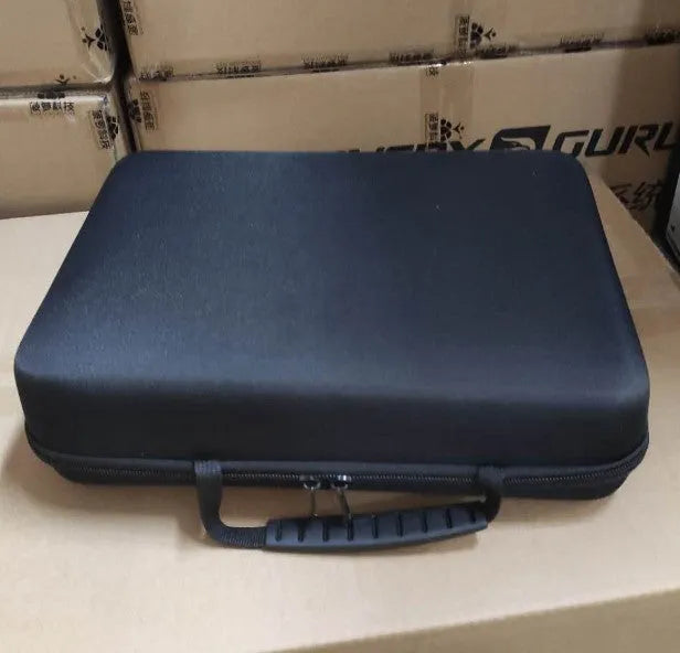 Black and white deep tissue massage gun with adjustable speed settings on display.