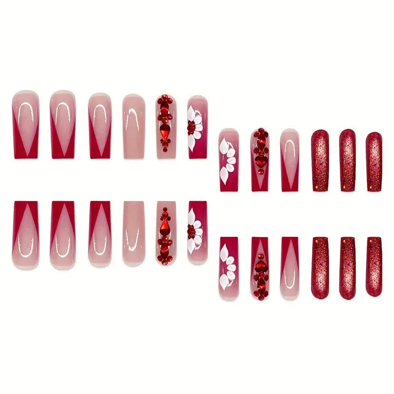 Press-on false nails with sweet flowers pattern and red diamond accents in European Square long style.