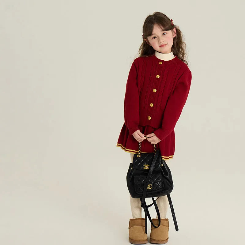 Red knit cardigan and pleated skirt two-piece set for girls in velvet yarn fabric