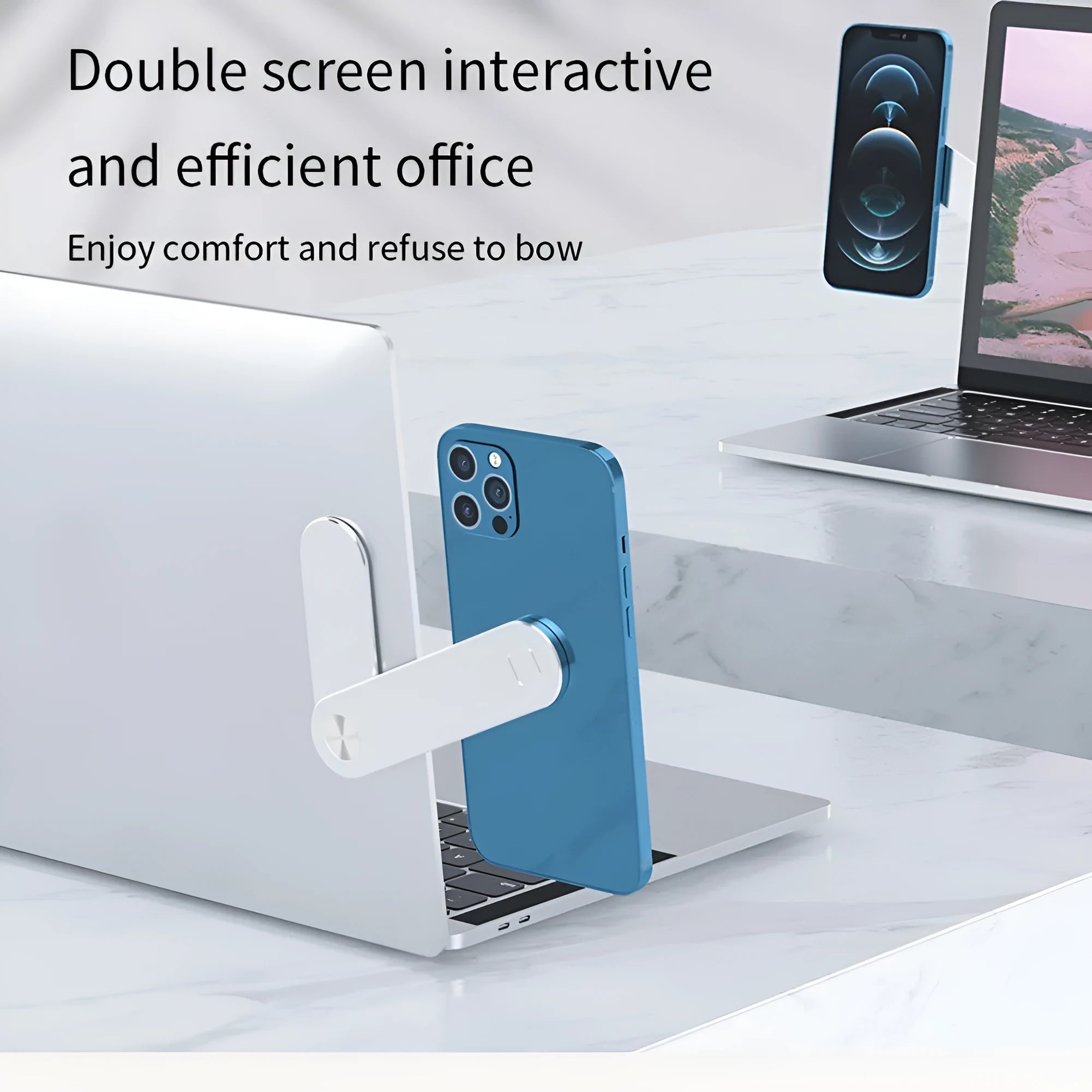 Black aluminium laptop phone holder with magnetic mount attached to laptop side displaying smartphone