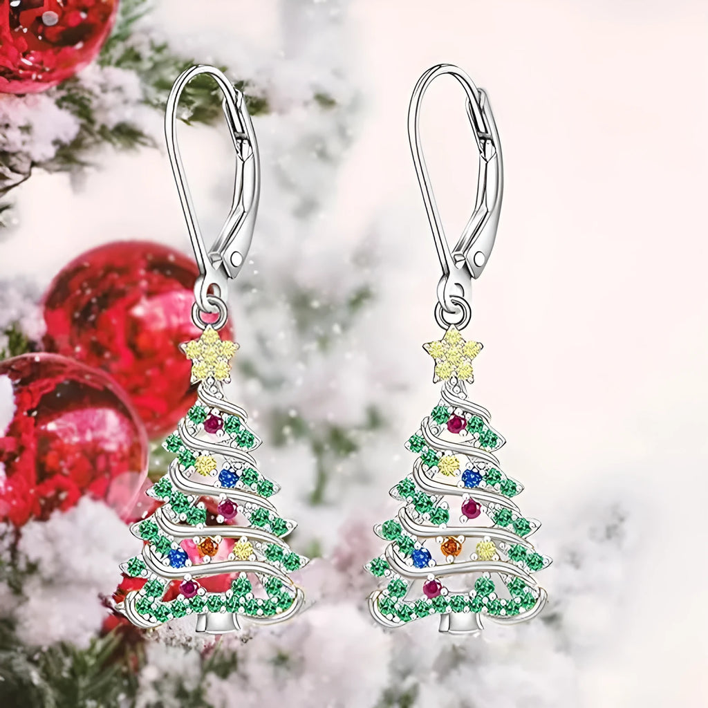 Christmas tree earrings for women in star shape with white gold colour finish