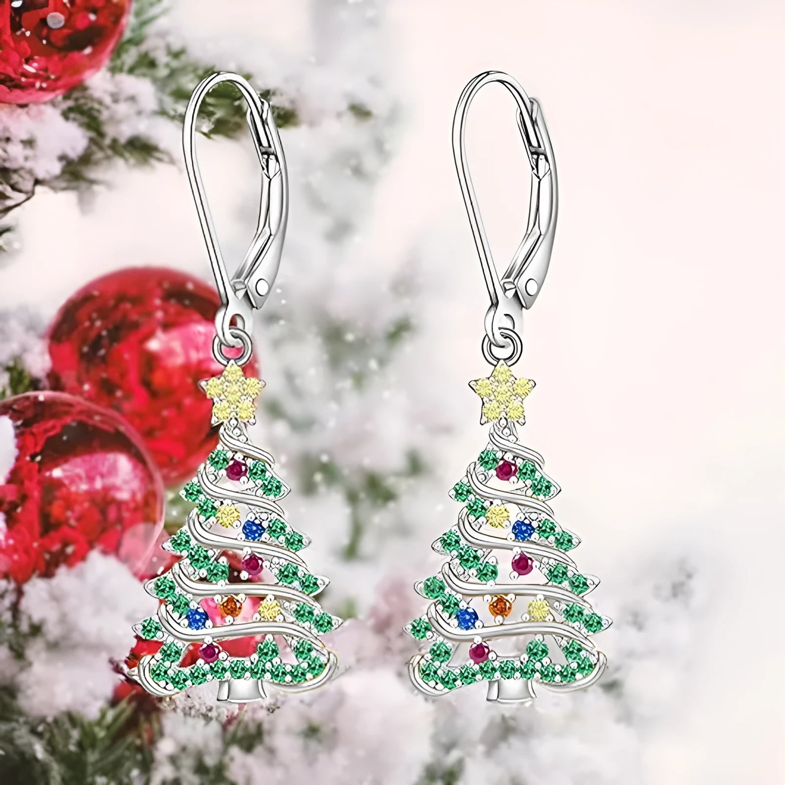 Christmas tree earrings for women in star shape with white gold colour finish