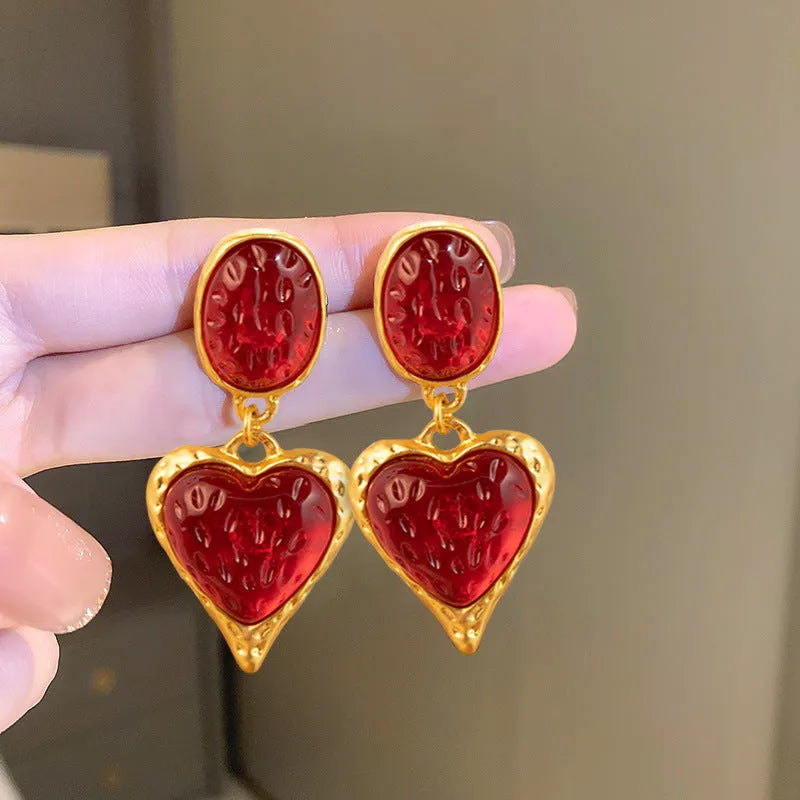 Silver needle pleated oval love heart stud earrings in alloy with purple, red, green, and yellow white colour options
