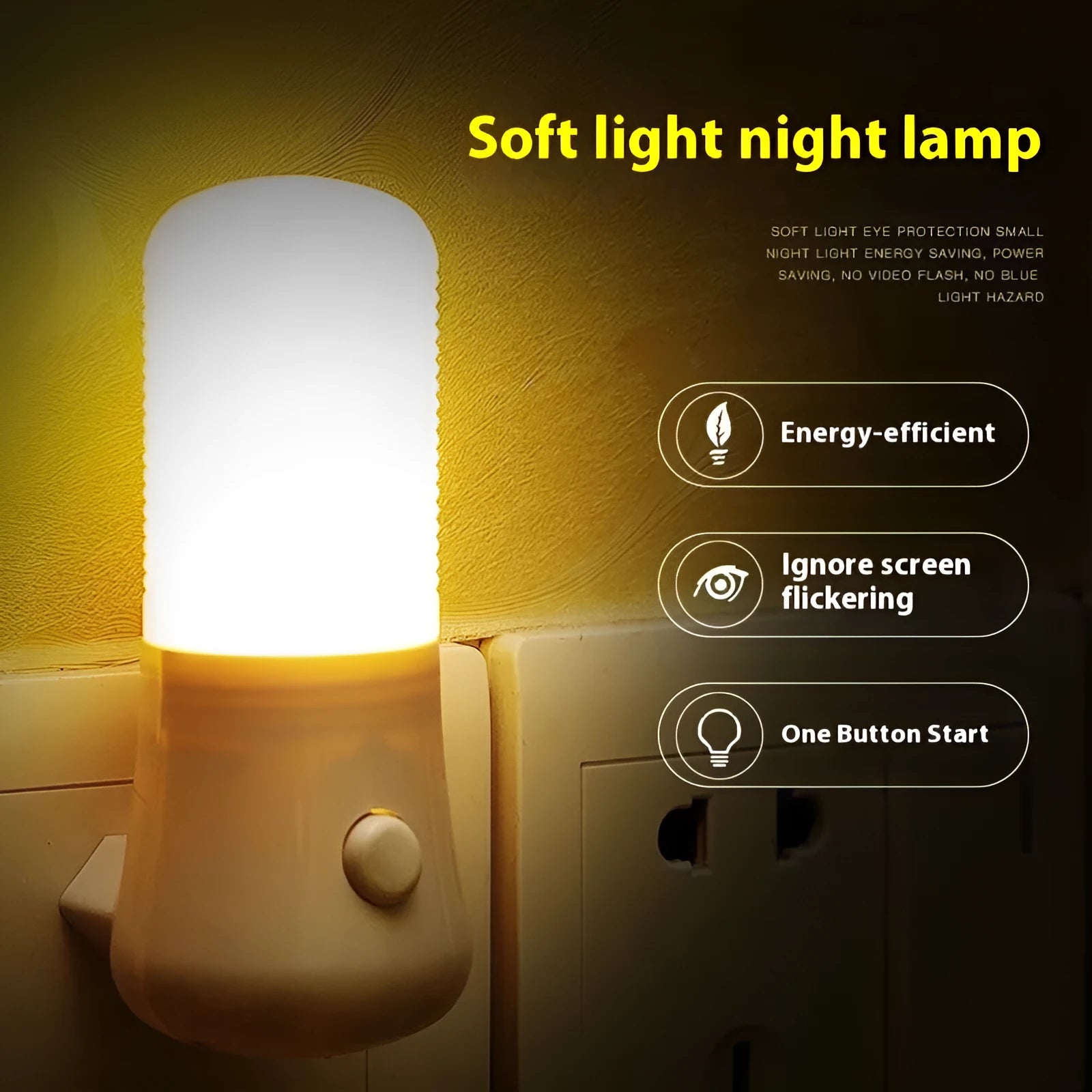 White minimalist plug-in bedside night light with dual colour switch showing 6.5cm cube dimensions