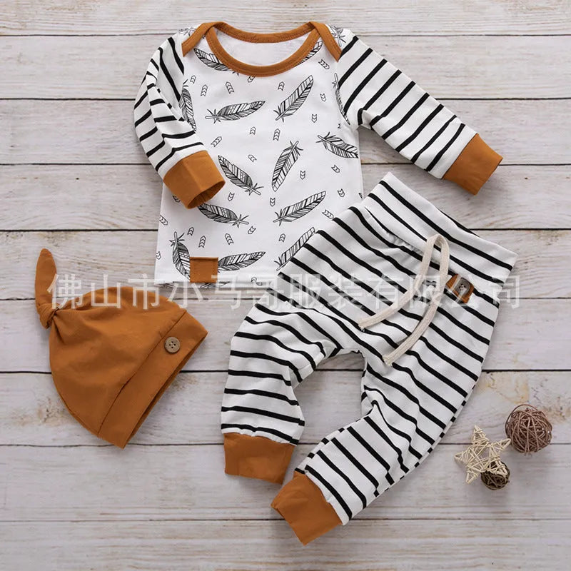 Striped cotton 3-piece children's outfit set with hat, top, and pants in Mibaise, sizes 70-100cm