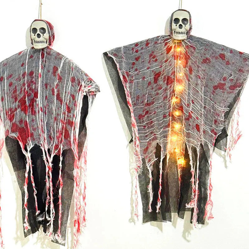 Blood-dyed luminous plastic skull hanging ghost Halloween ornament for outdoor decoration.