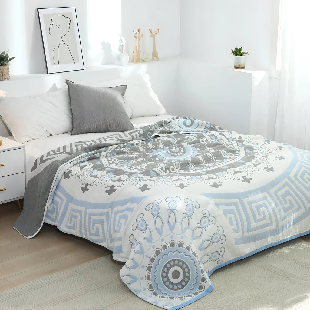 Pure cotton washed five layers towel blanket with floral pattern in blue, two sizes available
