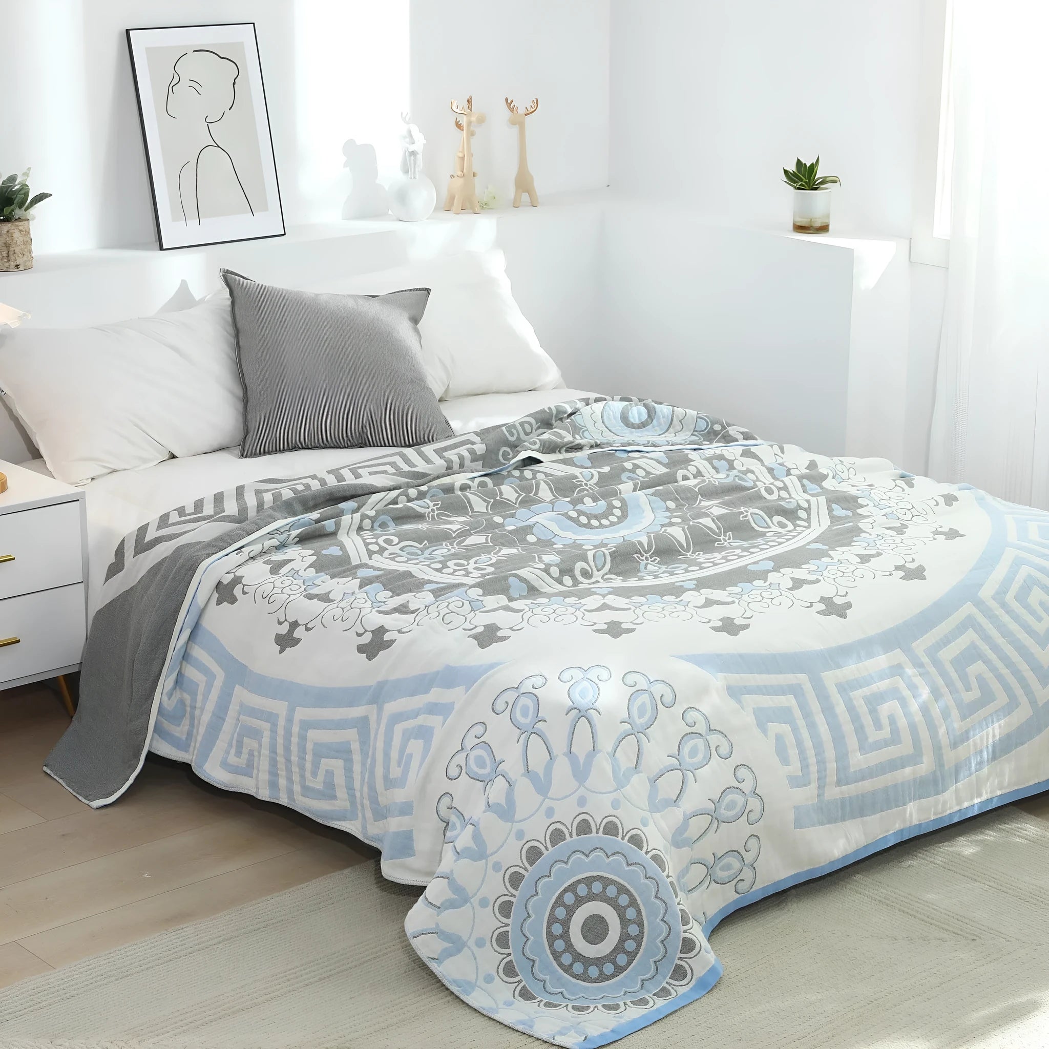 Pure cotton washed five layers towel blanket with floral pattern in blue, two sizes available