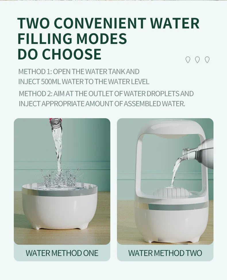 Black and white anti-gravity humidifier showing water droplet effect with USB cable