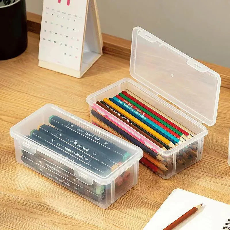 PP plastic transparent stationery storage box showing capacity for pencils and art supplies