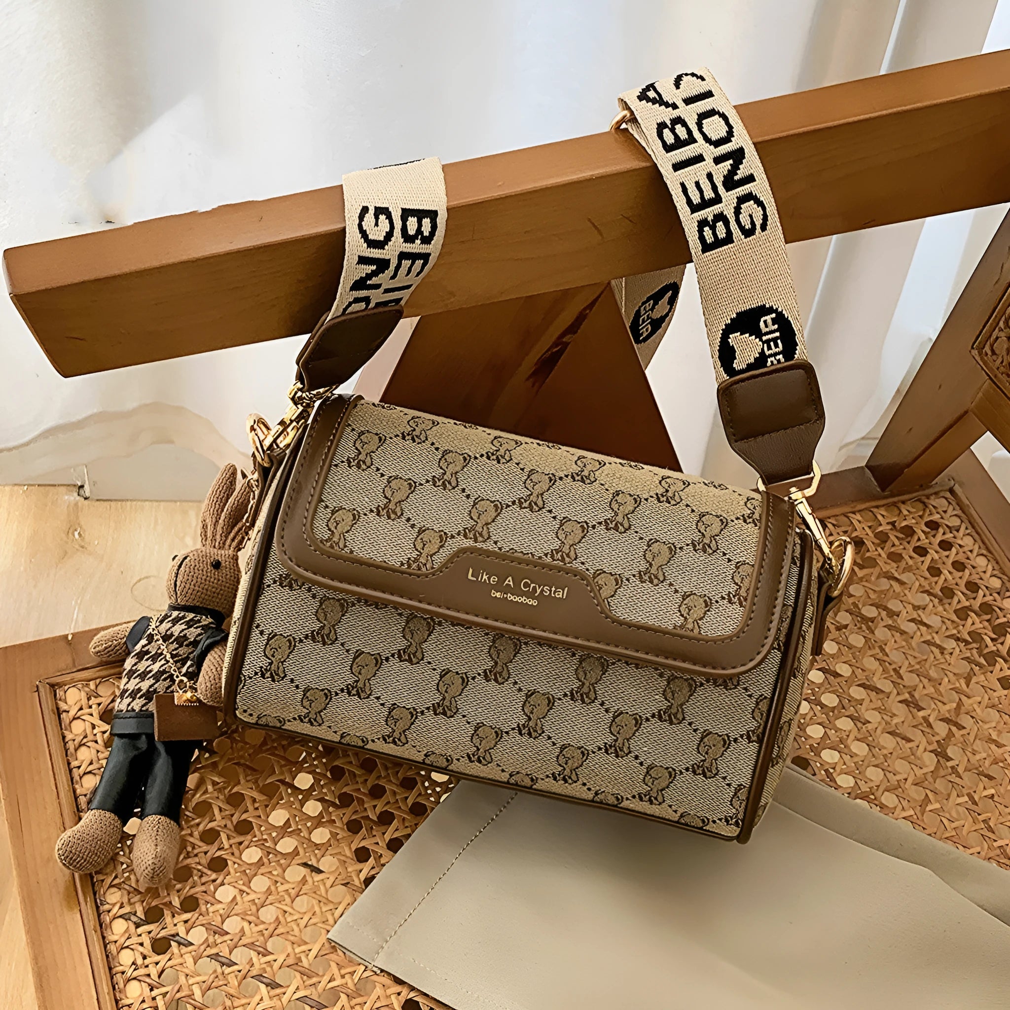 Small square canvas shoulder bag in khaki with cute bear design, urban simplicity style, 21cm width