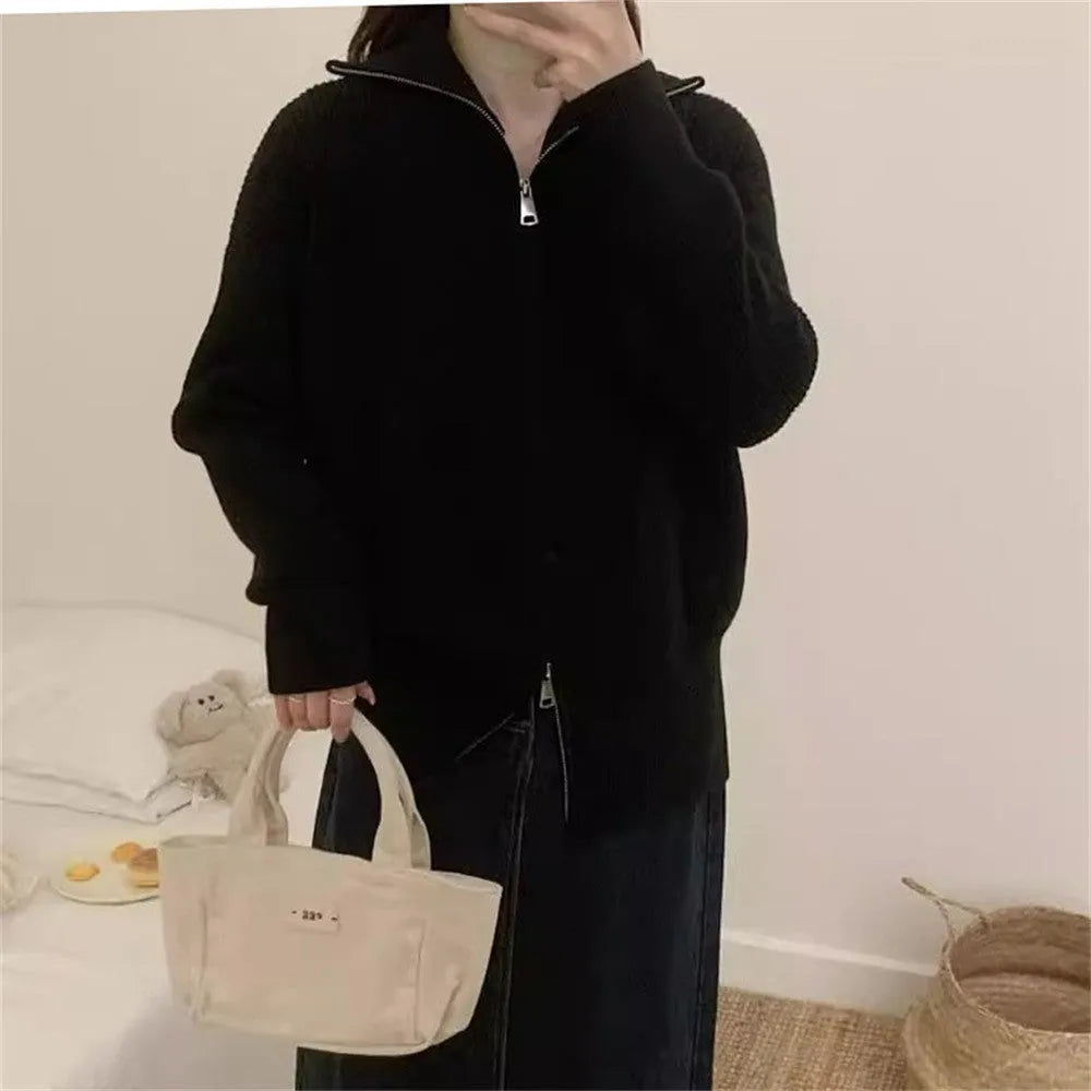 Hong Kong style double zipper knitted cardigan with floral pattern in loose fit free size