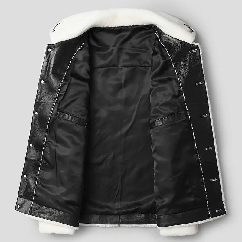 Men's 100% wool grain lamb fur jacket with animal pattern in white or black, sizes M to 5XL