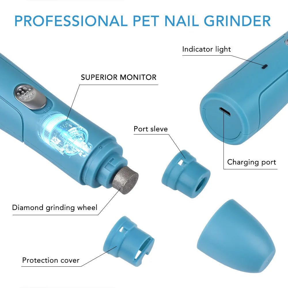 Blue electric pet nail grinder with diamond grinding head, 15.3 x 3.3cm, 192g, for dogs, cats and small pets