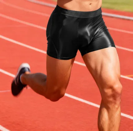 Men's double-layer sports boxers in black, breathable nylon fabric, mid-waist design