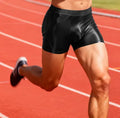 Men's double-layer sports boxers in black, breathable nylon fabric, mid-waist design