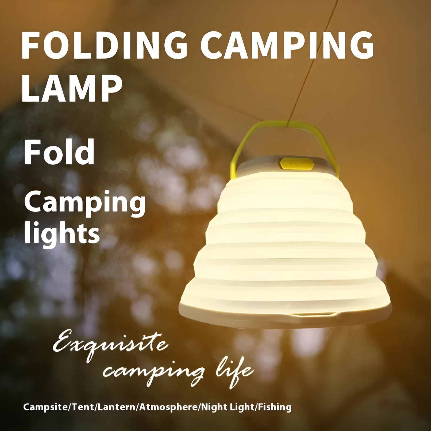 White portable camping lamp with single-button control for outdoor lighting