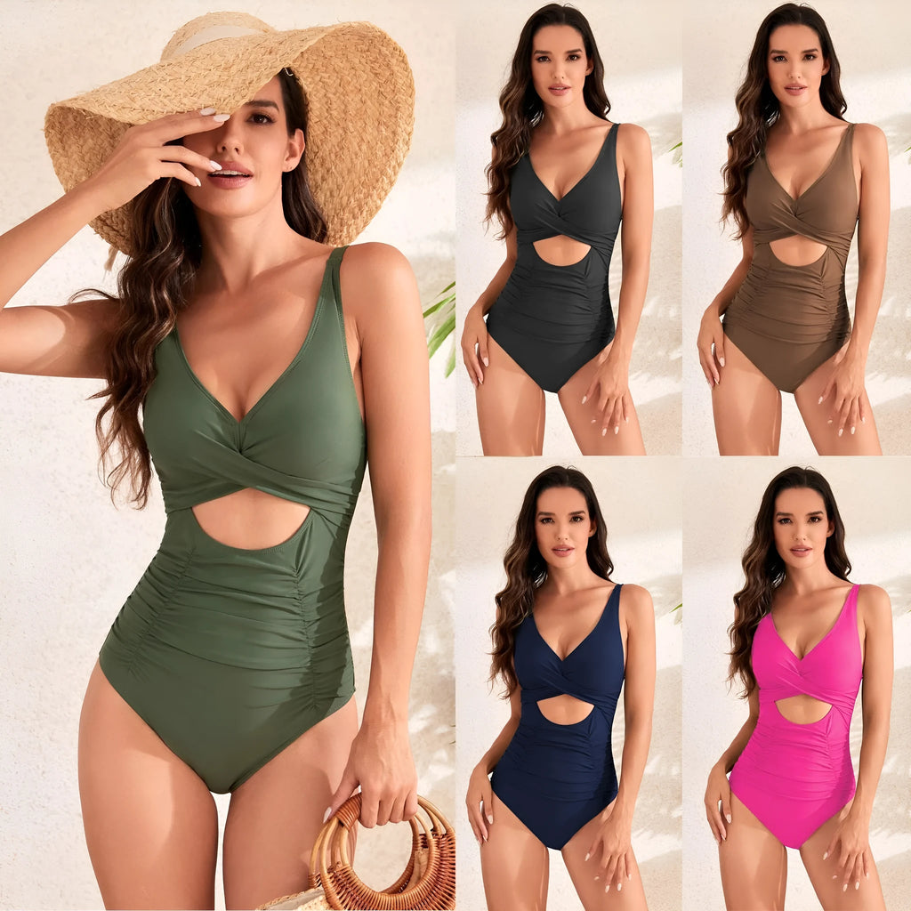 High waist cross pack pleated one-piece swimsuit in nylon, sleeveless, solid colours