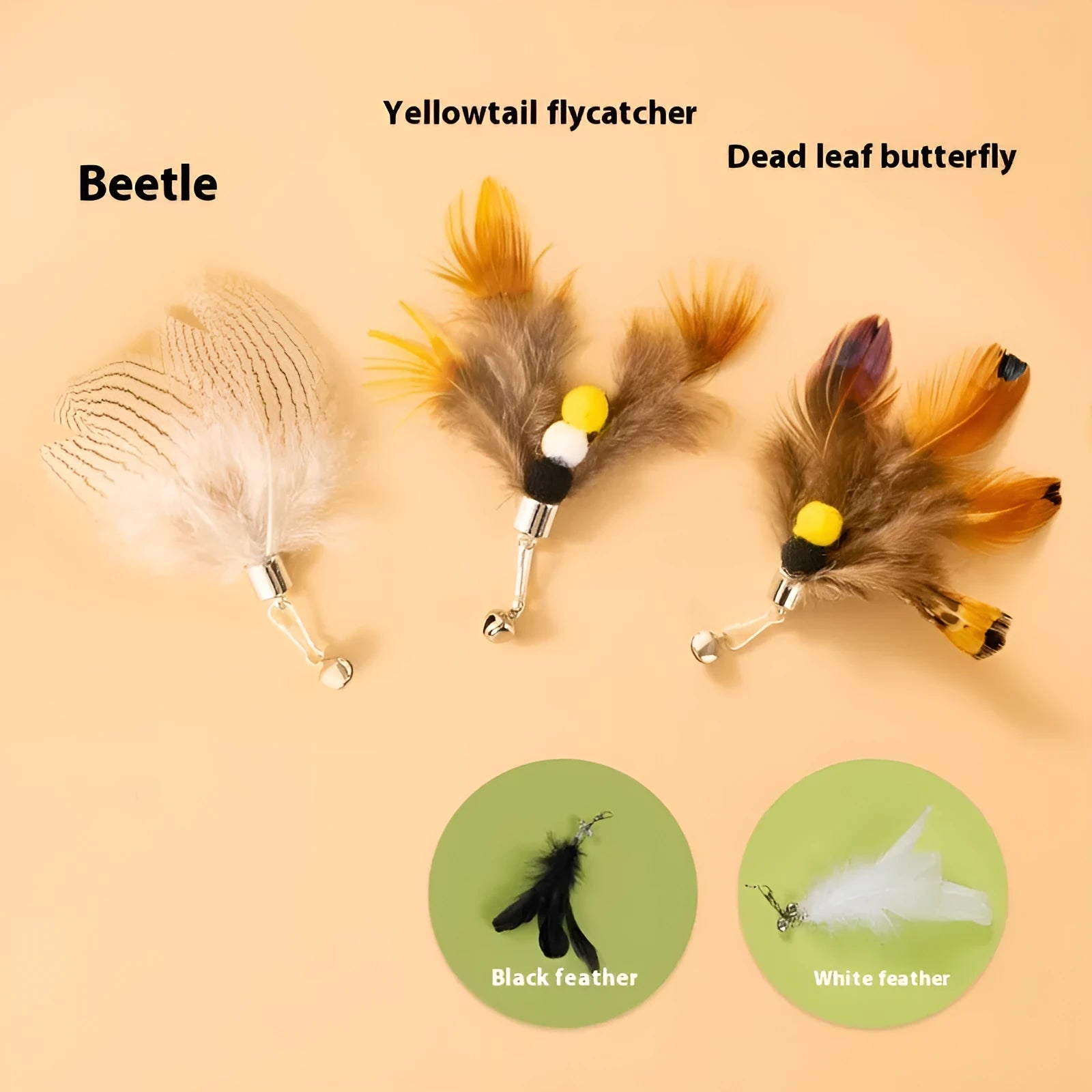 Three steel wire cat toy replacement heads shaped like small flying insects, shown against a plain background.