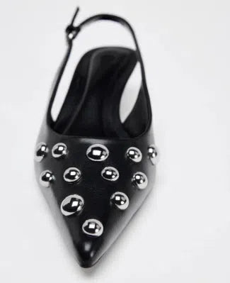 Women's black low-cut pointed-toe wedge stiletto heels with rivet decoration and slip-on design