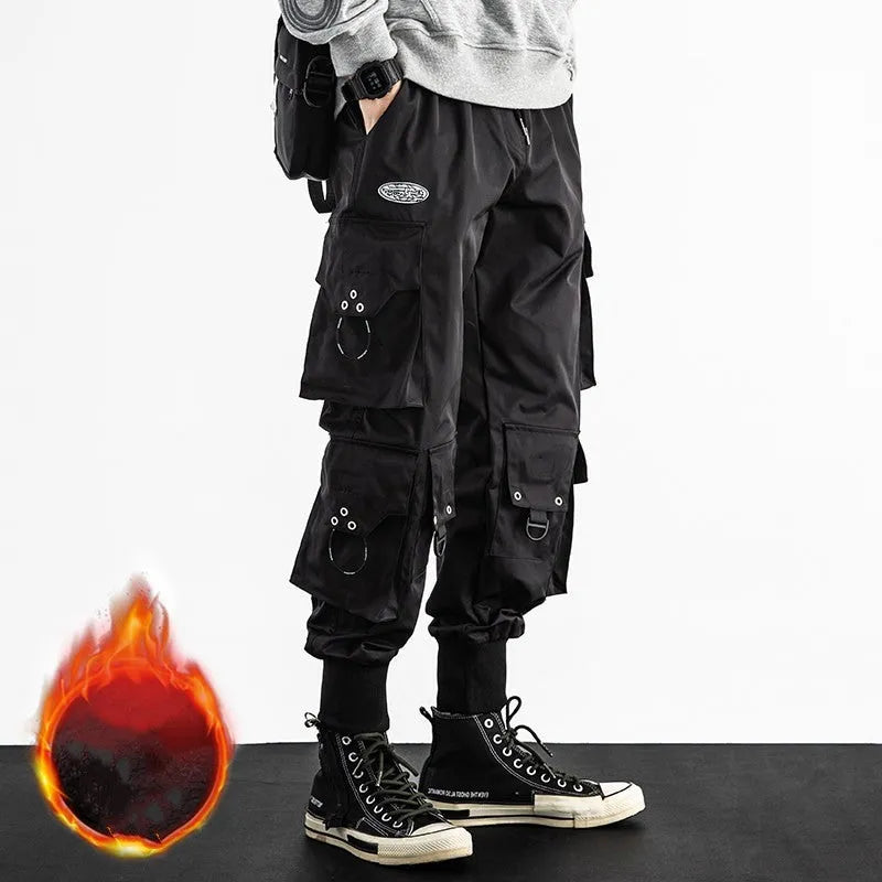 Men's black baggy cropped cargo pants with bound hem, side cargo pockets, size M to 5XL