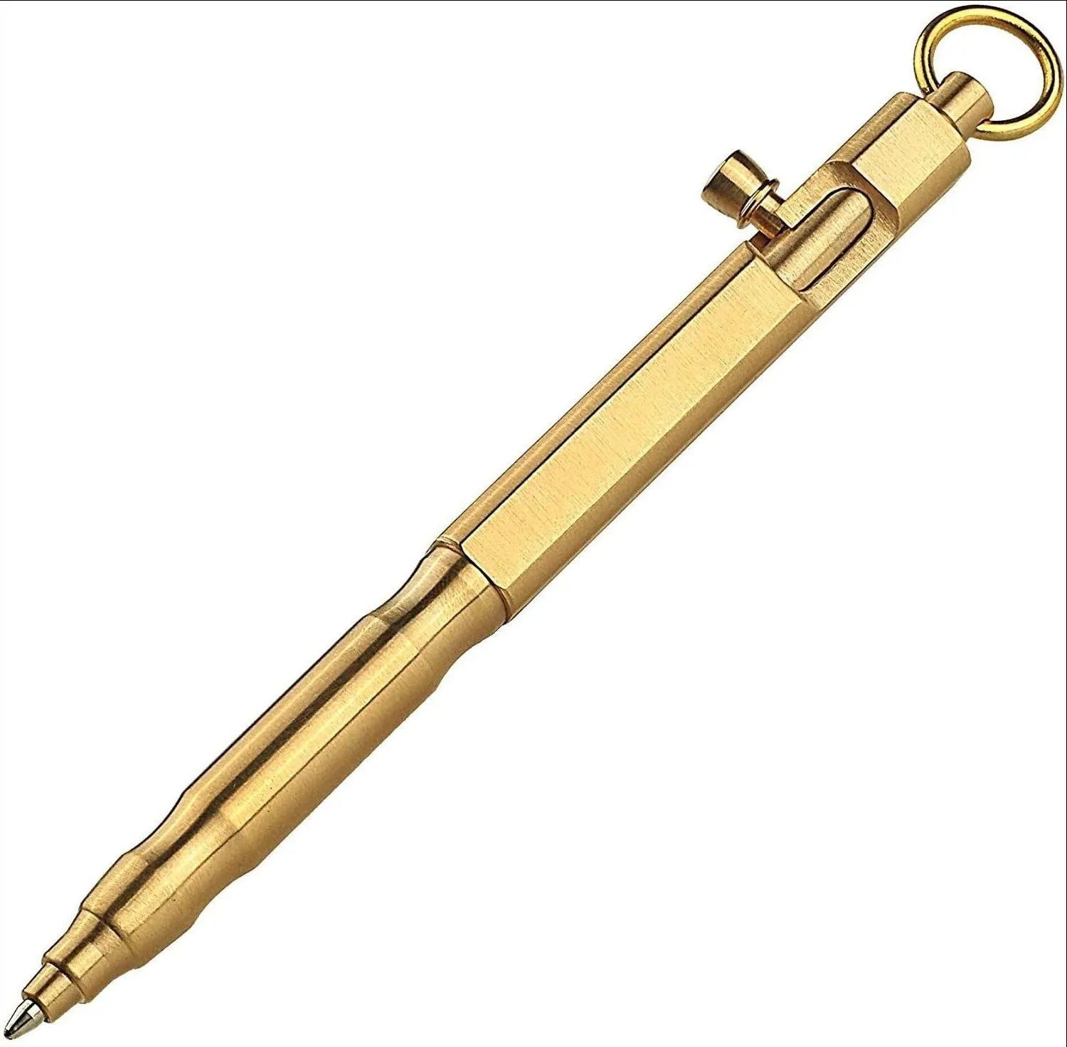 Solid brass hexagonal bolt action tactical pen in vintage brass and retro black colours.