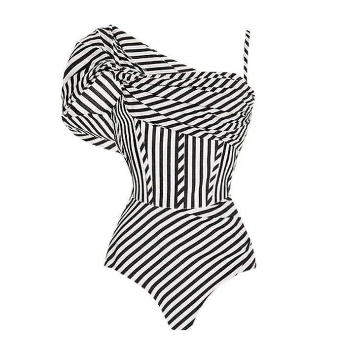 Women's ruffled striped one-piece swimsuit in polyester, showing sleeveless design and striped pattern options.