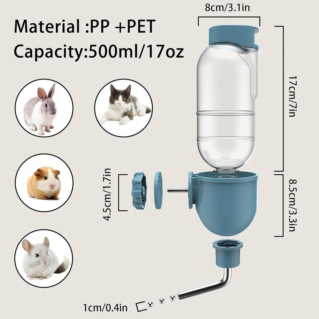 Blue small animal cage water bottle with stainless steel nozzle, shown next to a guinea pig.