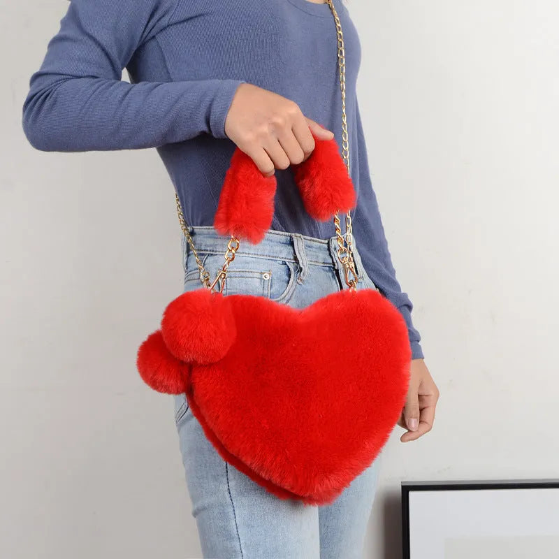 Medium sized heart shaped soft plush handbag for women with zip opening