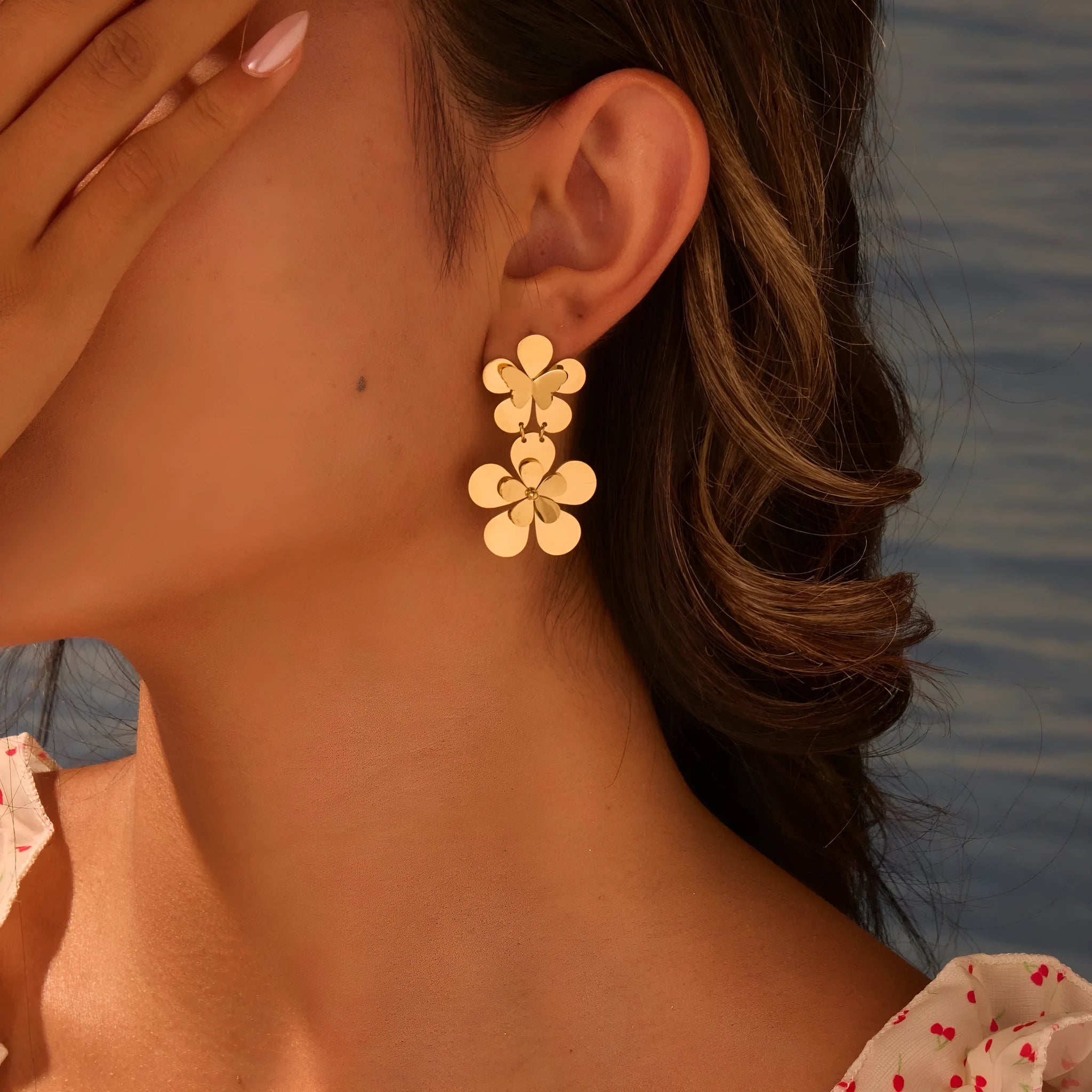 Gold flower butterfly stainless steel earrings with 18K electroplating finish