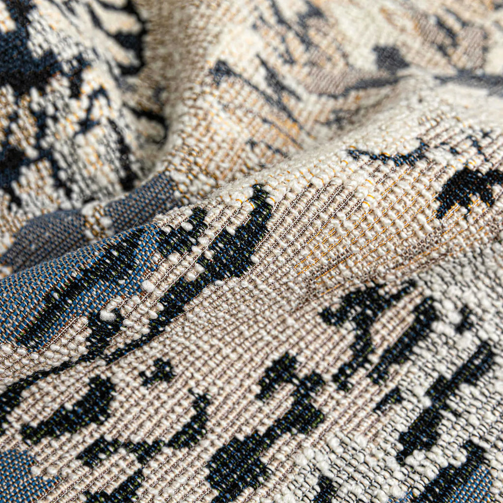 Antique blue decorative cushion with abstract flower pattern in Chinese style, shown in square and waist pillow sizes.