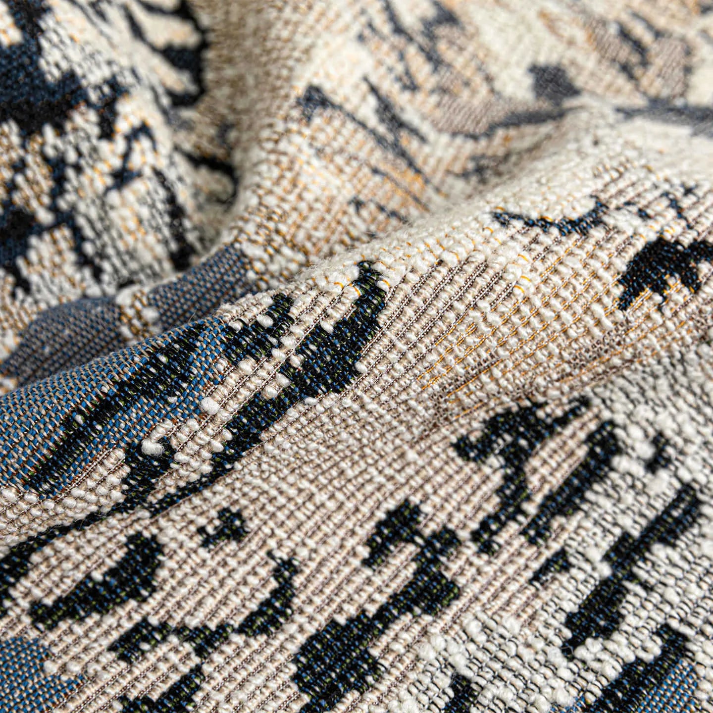 Antique blue decorative cushion with abstract flower pattern in Chinese style, shown in square and waist pillow sizes.