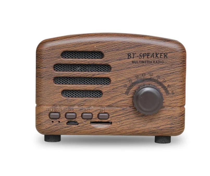 Compact vintage wood-grain finish Bluetooth speaker with control buttons on top.