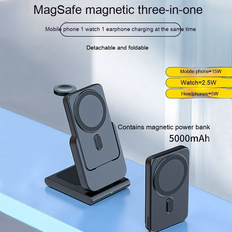 Black magnetic three-in-one power bank with folding bracket charging iPhone 12, Apple Watch, and AirPods case