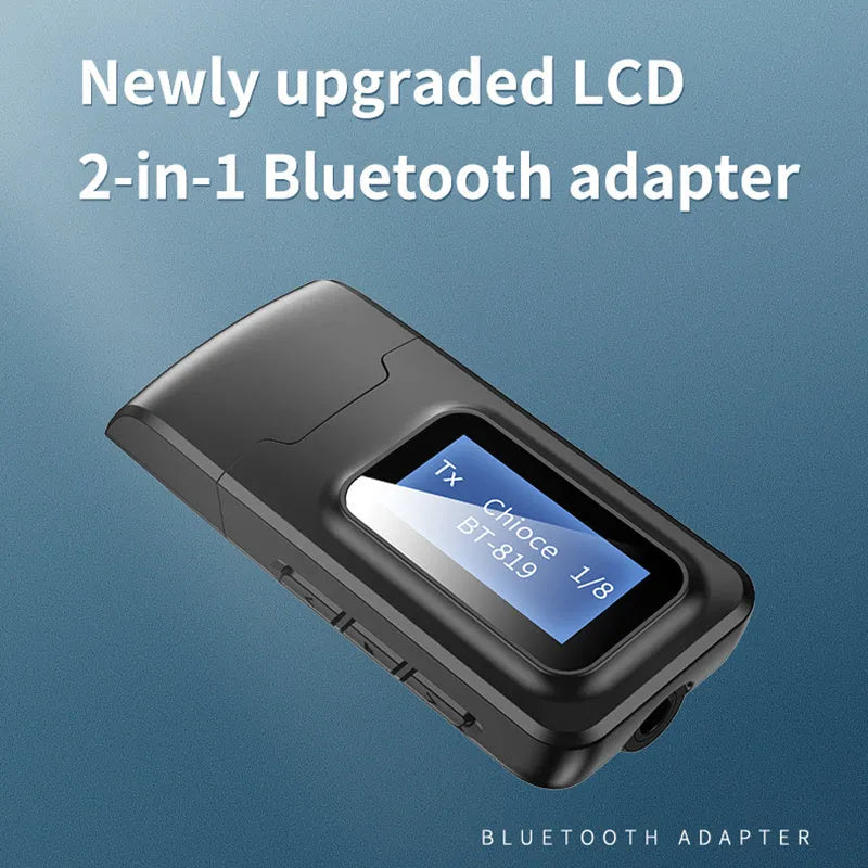 Two-in-one Bluetooth adapter in black with screen display and 3.5mm audio input