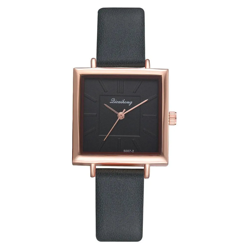 Square women leather crystal quartz wrist watch with glass dial in multiple colours