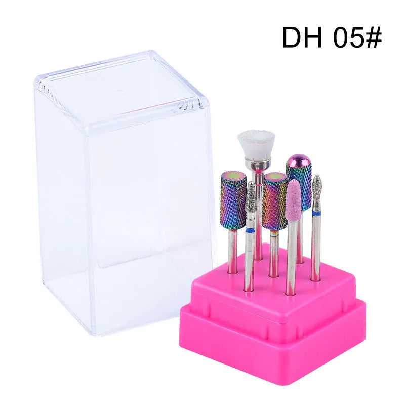 Tungsten steel nail polishing head set with 7 pieces including drill bits and brush
