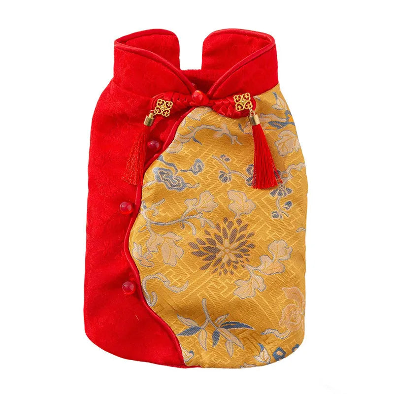 Red Chinese plum blossom pattern Tang suit button-up vest for small dogs and cats