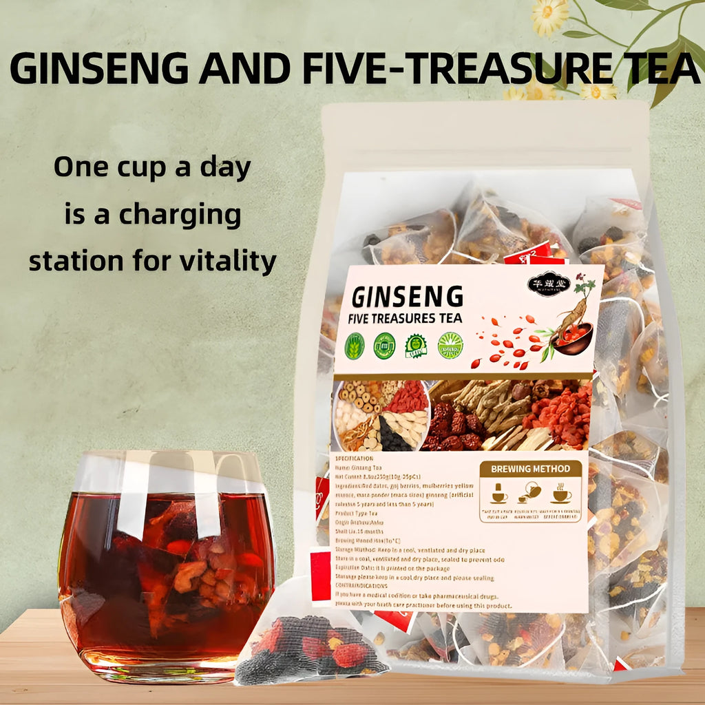 Ginseng Wubao Tea transparent bag showing 5g x 20 packs of herbal granules