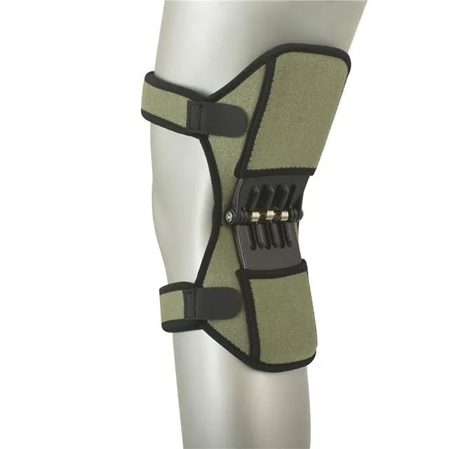 Black adjustable knee brace with patella support and visible booster spring mechanism for sports.