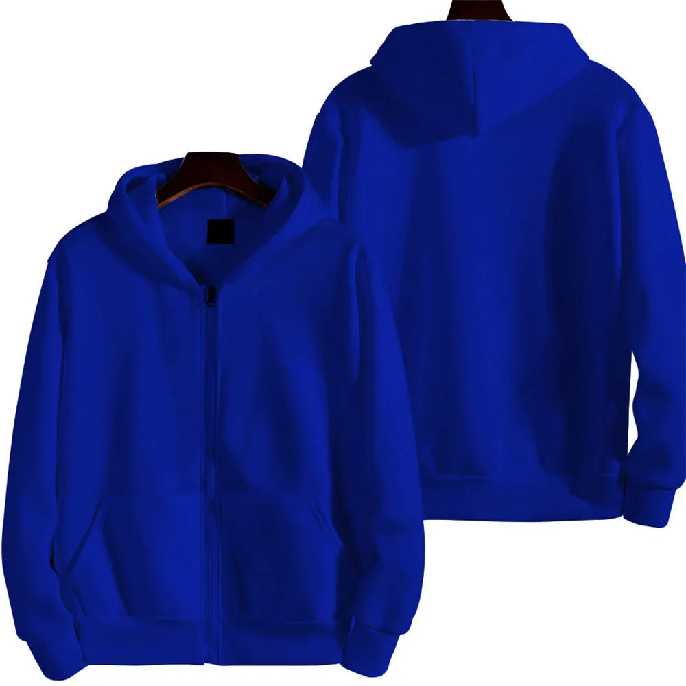 Men's solid colour loose sports zip jacket in polyester-spandex fabric showing zip front and cardigan style
