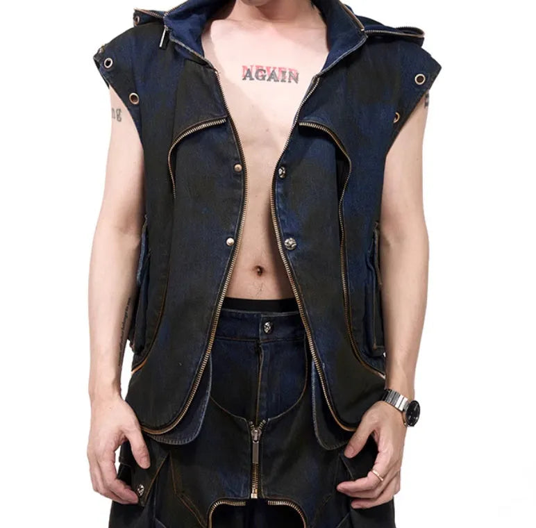 Blue Korean style hooded denim vest and matching trousers set with front zipper closure