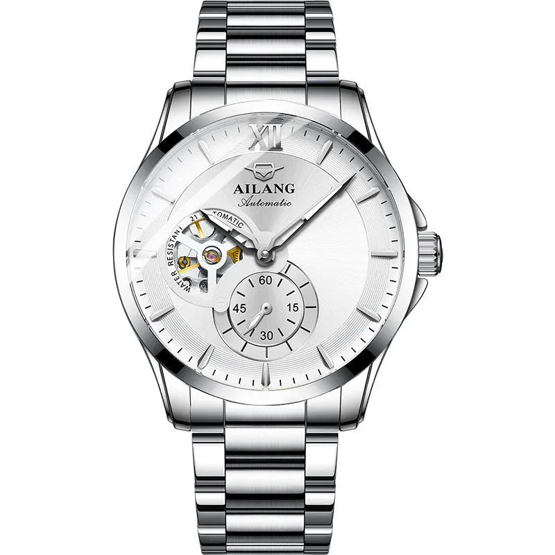 Men's mechanical skeleton watch with 41mm round dial, luminous hands, fine steel strap, and 30-metre water resistance
