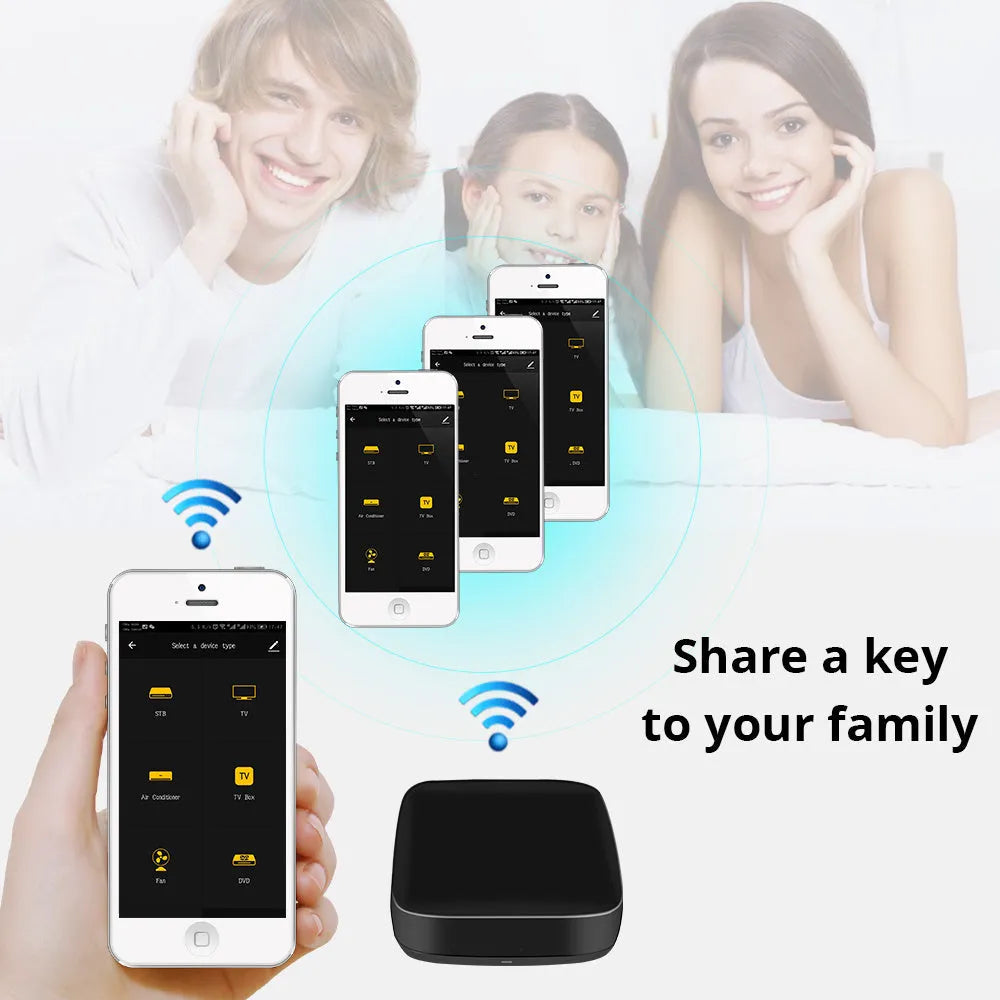 Black universal infrared remote control with voice command and WiFi functionality