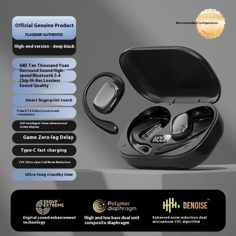 Ear-mounted wireless earpiece with digital display in black, white, and skin colour