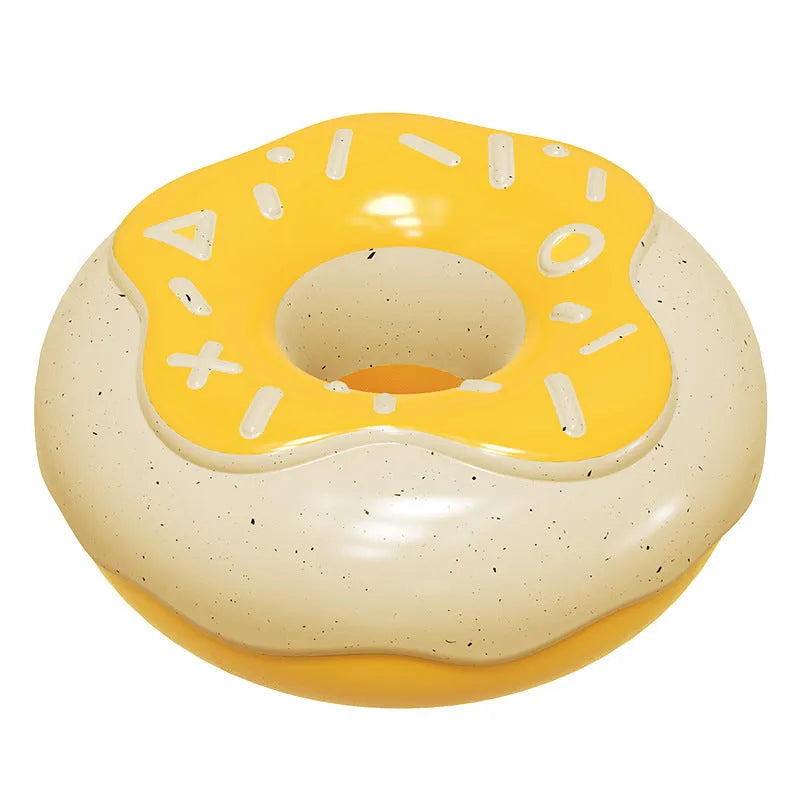 Pink, yellow, and chocolate coloured TPR donut dog chew toy with squeaker for teeth cleaning.