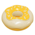 Pink, yellow, and chocolate TPR donut-shaped dog toy with textured cleaning surface.